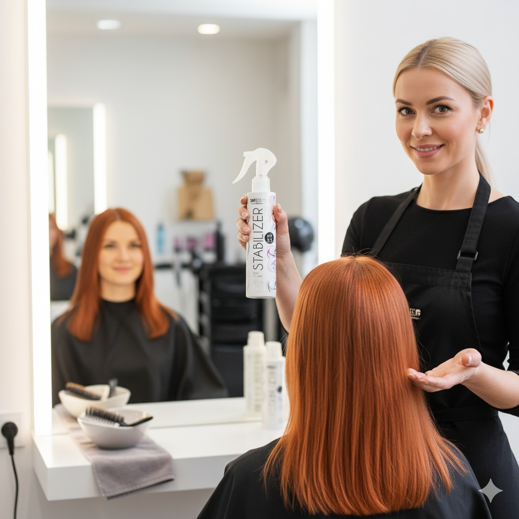 Woman with red hair getting a hair treatment from a stylist in a salon.