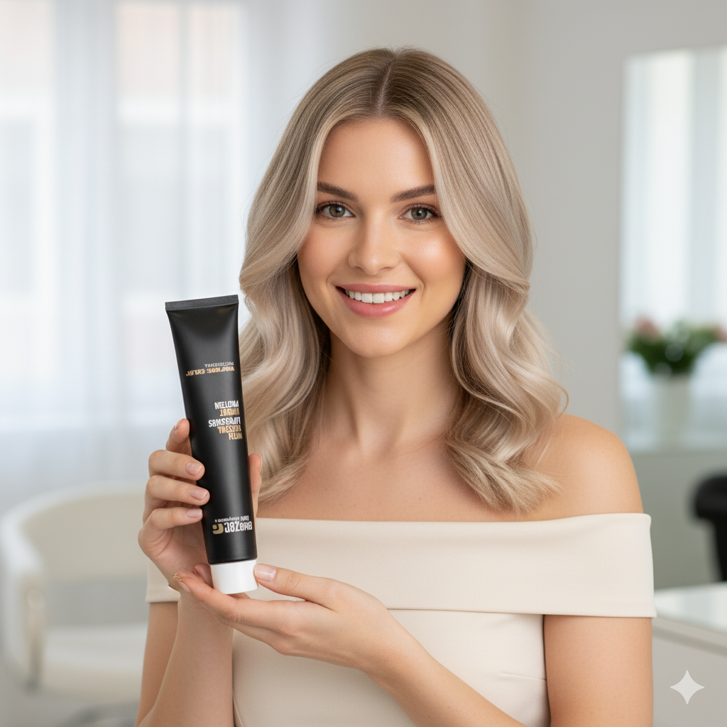 Woman holding a black tube of code zero vibrant color 10-28 product in a bright room