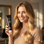 Woman holding a skincare product in a warm indoor setting