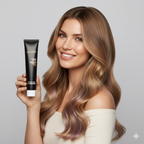 Woman with long, wavy hair holding a black hair care product tube against a gray background