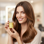 Woman holding a bottle of edelstein argan hair oil with a blurred background