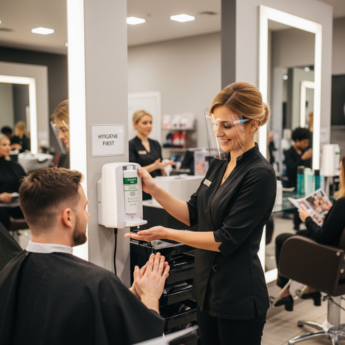 Friseurin desinfiziert Hände eines Kunden am Spender im modernen Friseursalon, Hygiene-Schild sichtbar.