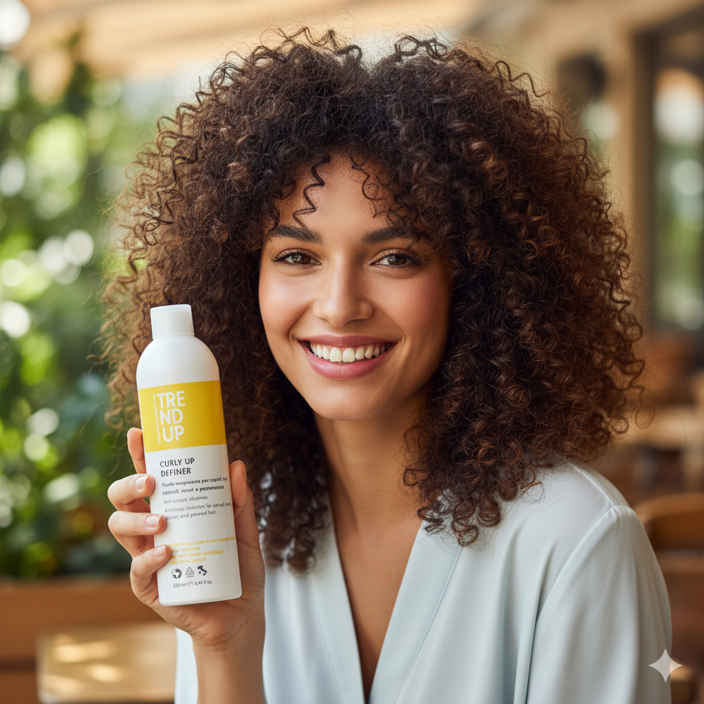 Woman holding a bottle of edelstein curly up fluid in outdoors