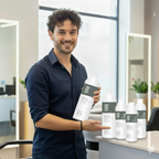 Man holding a bottle of 'edelstein perm ' hair care product in a salon setting, kit of perm up collection