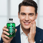 Man holding a green bottle labeled 'Xflex After Shave Freshman' against a light background