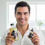 Man holding two bottles of XFlex products in a well-lit room