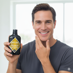 Man holding a bottle of edelstein XFlex after shave crema gel anti age product against a white background