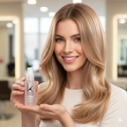 Woman holding a hair care product in a salon setting
