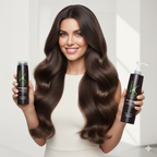 Woman with long, wavy hair holding two bottles of Kérastase hair care products.