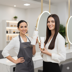 Two women in a salon setting holding hair care products.