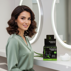 Woman with styled hair next to a Regeneration Therapy Kit box in a bathroom setting