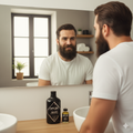 Man with a beard looking at himself in the mirror with XfleX products on the counter.