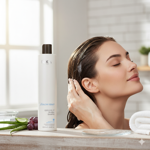 Woman washing her nika hair gentle relief with a bottle of calming shampoo in a bathroom setting.