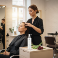 Woman getting nika gentle relief hair treatment at a salon with a bottle of calming product on a table.