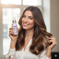 Woman holding a bottle of Nika hair hyalu spray product with a blurred background