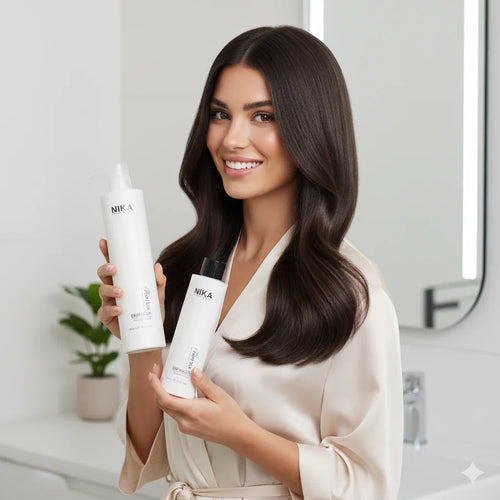 Woman holding Nika hair care products in a bathroom setting