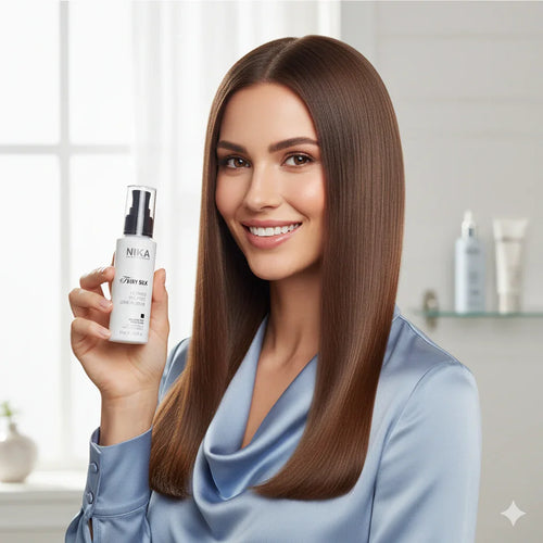 Woman holding a Nika extender hair care product with a blurred background