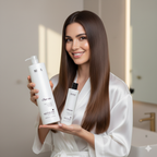 Woman in a white robe holding Nika hair care products in a bathroom setting