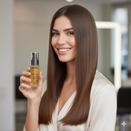Woman holding a bottle of Nika hair shimmer oil with a blurred indoor background