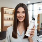 Woman holding a Nika Maximum smooth hair treatment in a salon setting