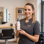 Woman in a salon holding a Nika frozen blonde liquid pigment 21 hair product