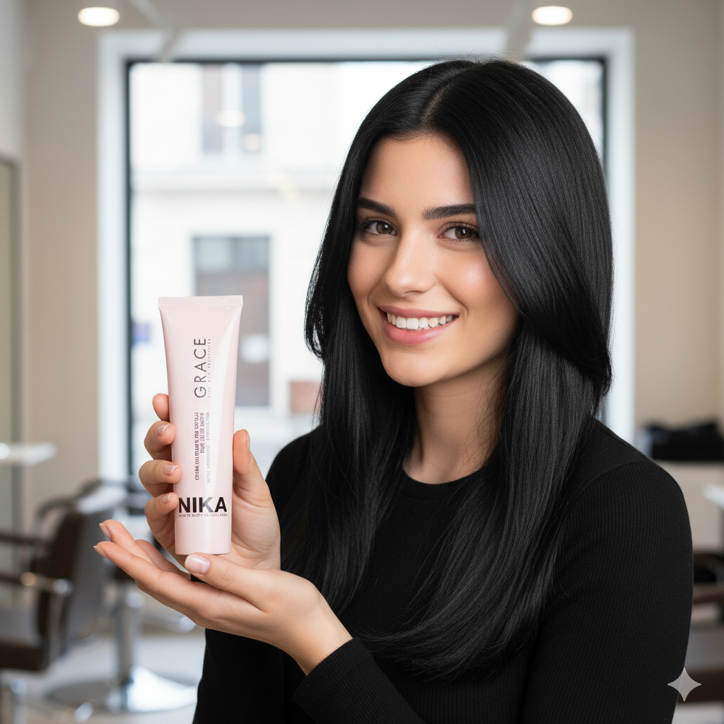 Woman holding a 'Nika Grace Color 1.0' product in a salon setting