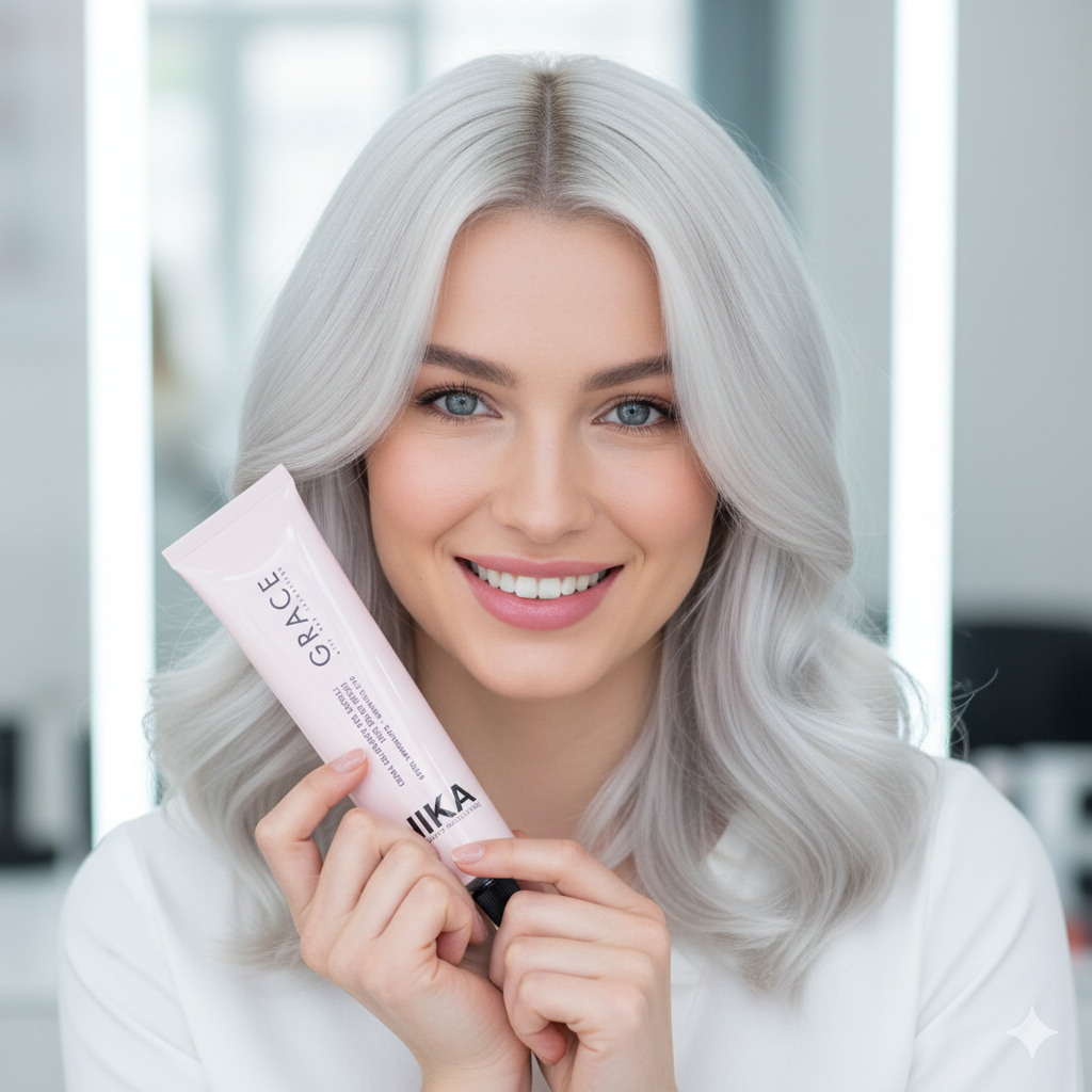 Woman with silver hair holding a pink and white product tube with 'Nika' branding.