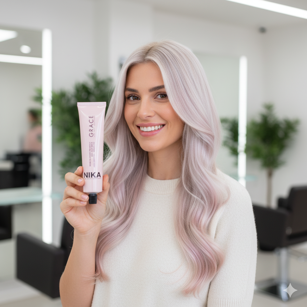 Woman with light pink hair holding a product in a salon setting