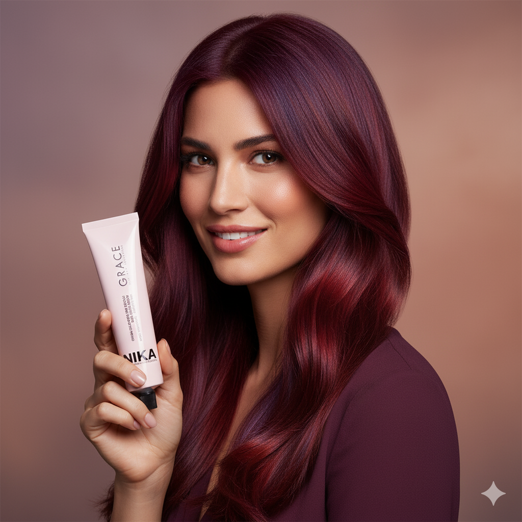 Woman with vibrant red hair holding a hair product tube against a brown background