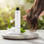 Nika Hair healthy scalp shampoo  new density anti-hair loss bottle with a hand touching hair on a marble surface with greenery in the background