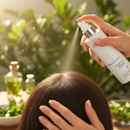Person using a nika new density anti-hair loss treatmen hair care product spray bottle on their hair with a natural setting in the background