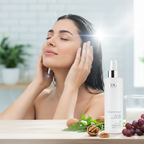 Woman applying skincare product with nika clear tonic scalp spray bottle and natural elements on a table