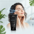 Woman with a nika healthy scalp product in front of a blurred bathroom background