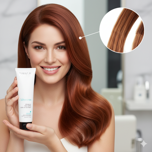 Woman with long, wavy brown hair holding a nika hair care product , breakless, split ends in a bathroom setting.