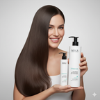 Woman with long, straight hair holding Nika hair care products by pure keratin range on a light gray background