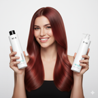 Woman with red hair holding two bottles of Nika pure keratin k-perfection hair care products on a white background