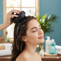 Woman getting her hair washed by another person in a bathroom setting.